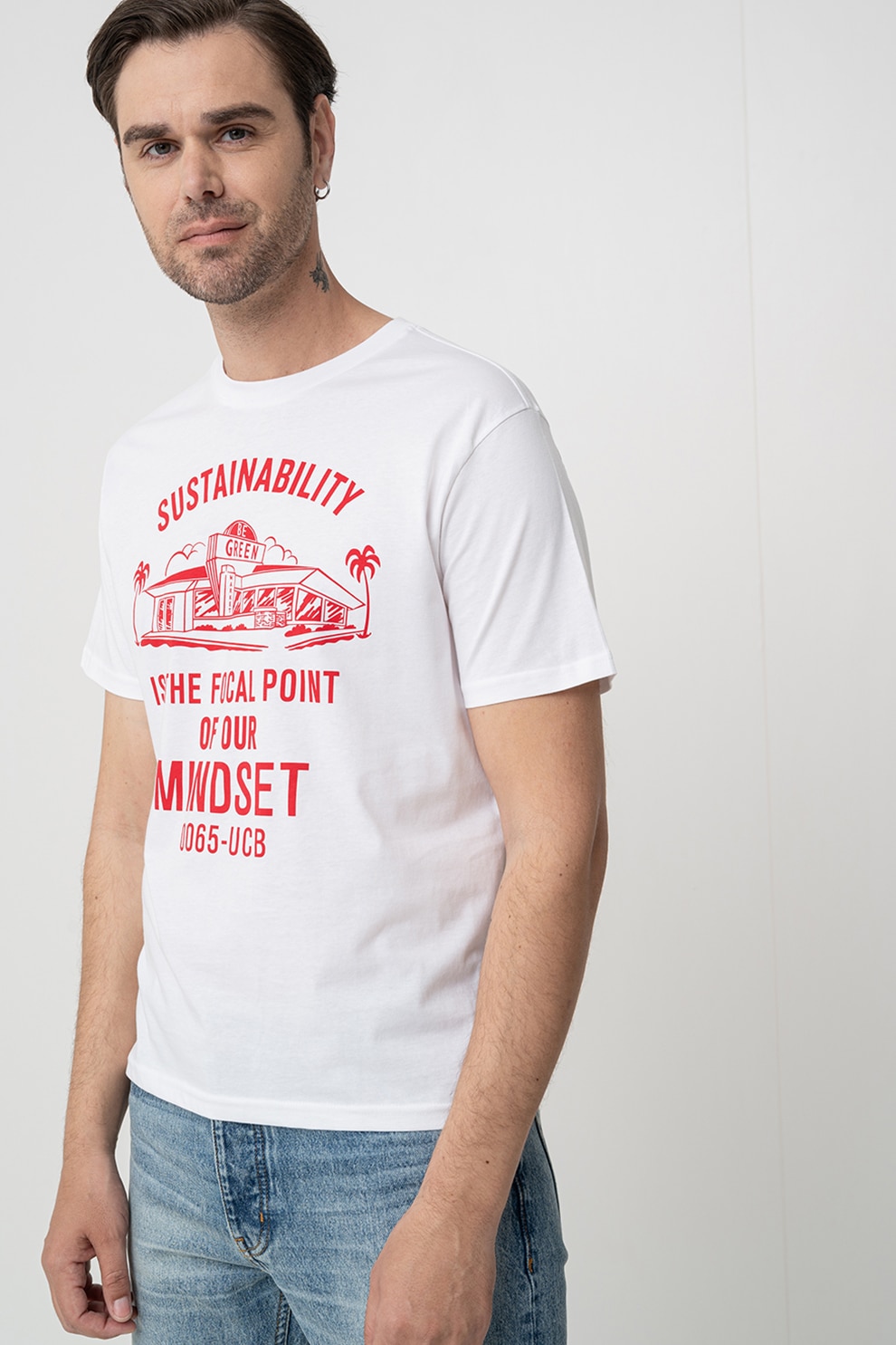 United Colors of Benetton, Tricou cu decolteu la baza gatului si imprimeu, Rosu, Alb, L