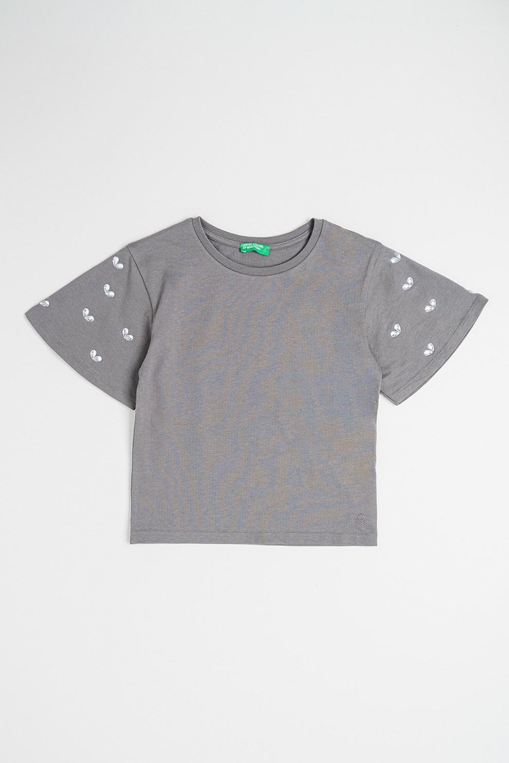 United Colors of Benetton, Tricou de bumbac cu aplicatii de strasuri, Gri antracit, Argintiu, 120 CM