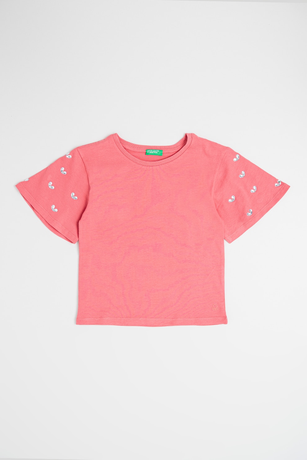 United Colors of Benetton, Tricou de bumbac cu aplicatii de strasuri, Roz zmeuriu, Argintiu, 150 CM