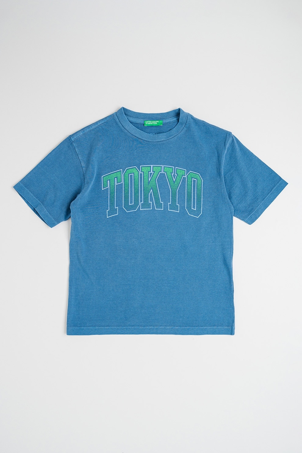 United Colors of Benetton, Tricou cu model si decolteu la baza gatului, Verde, Albastru inchis, 140 CM