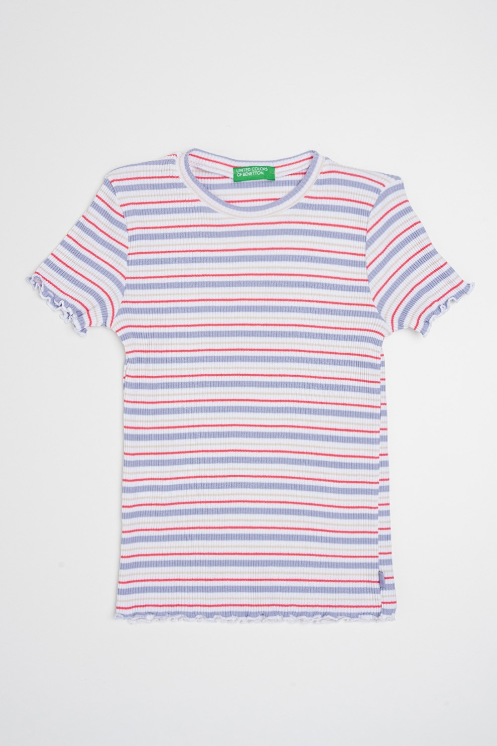 United Colors of Benetton, Tricou cu decolteu la baza gatului si model in dungi, Roz pastel, Lila, Alb optic, 120 CM