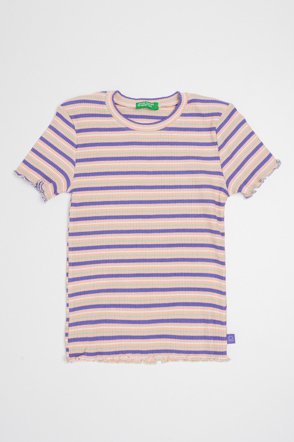 United Colors of Benetton, Tricou cu decolteu la baza gatului si model in dungi, Verde, Lila, Roz prafuit, 130 CM