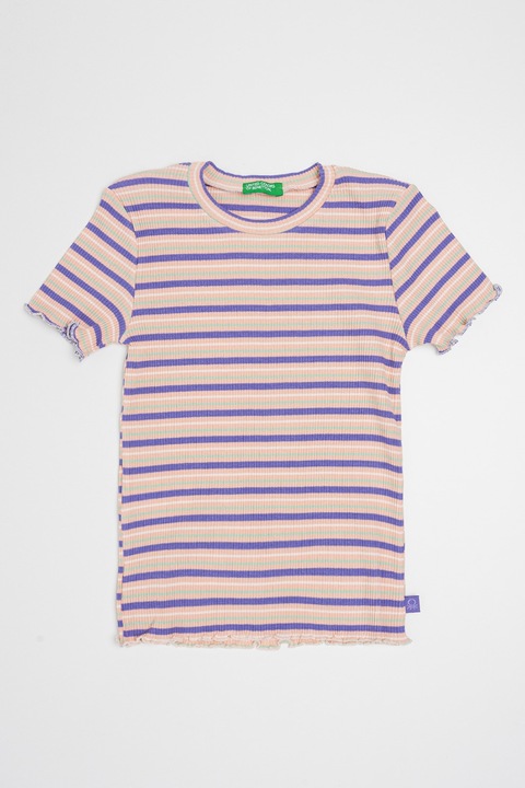 United Colors of Benetton, Kerek nyakú csíkos póló, Zöld/Halványlila/Púderrózsaszín