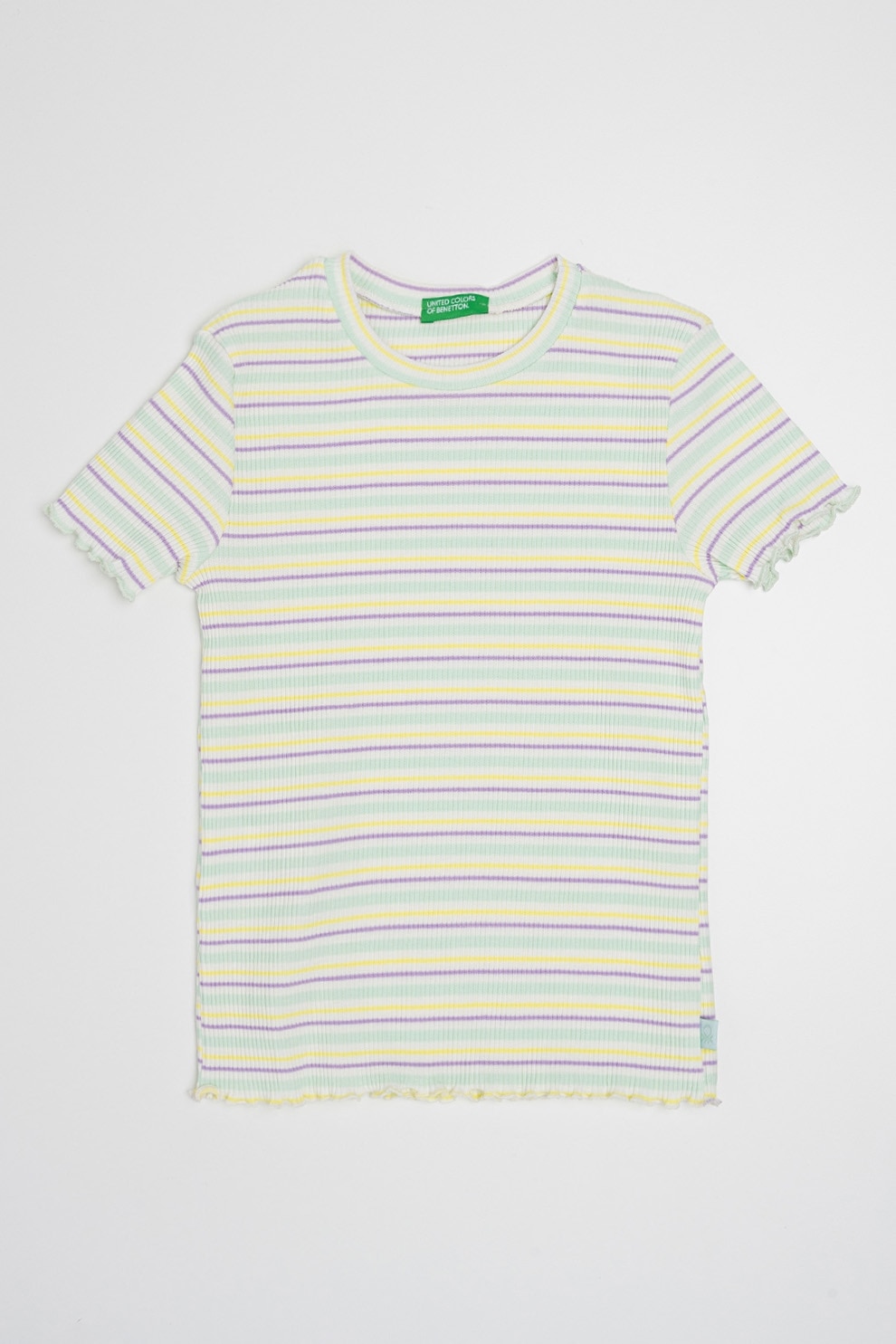 United Colors of Benetton, Tricou cu decolteu la baza gatului si model in dungi, Galben, Alb murdar, 160 CM