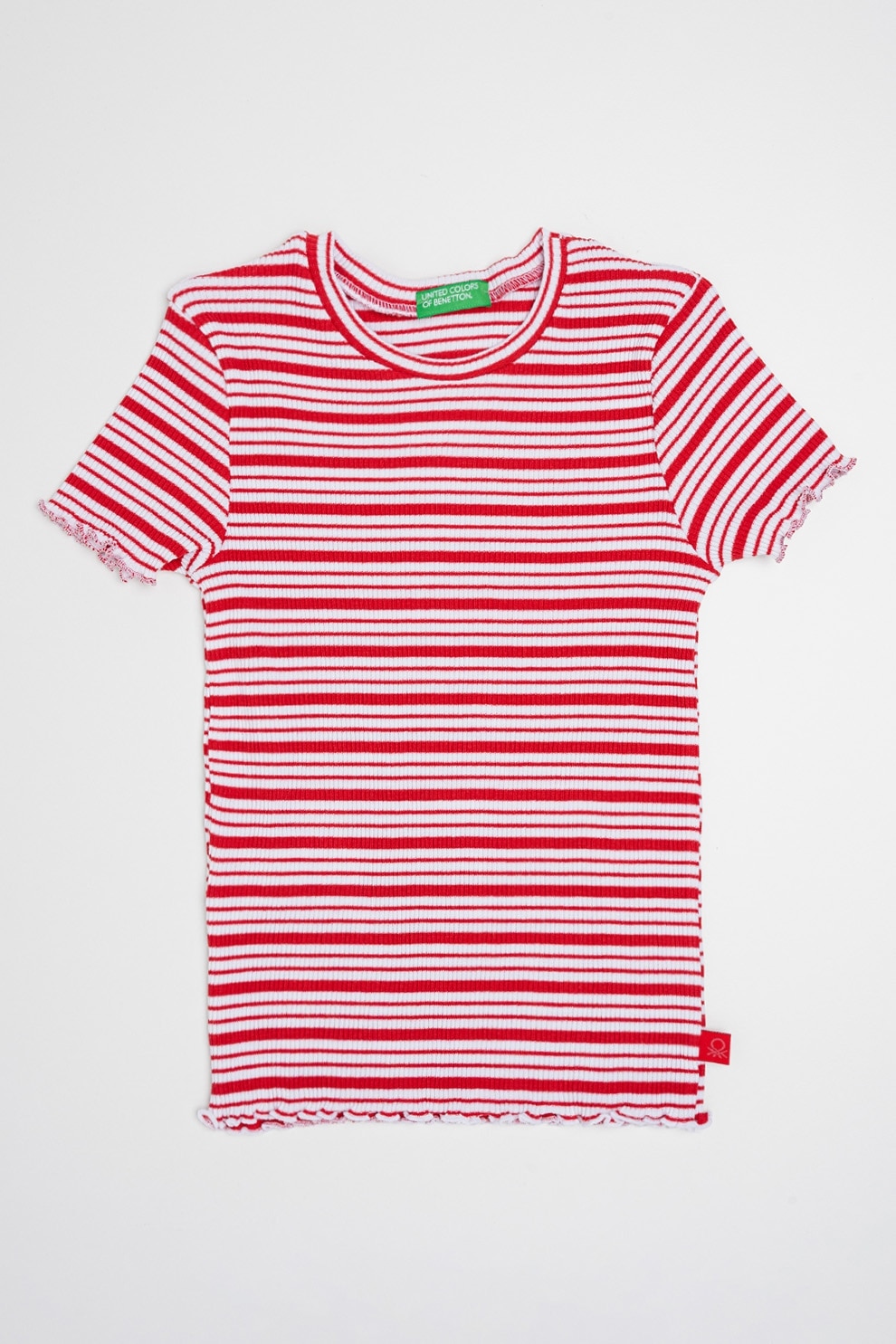 United Colors of Benetton, Tricou cu decolteu la baza gatului si model in dungi, Rosu, Alb optic, 150 CM