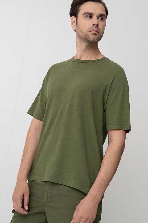 United Colors of Benetton, Tricou din amestec de in cu maneci raglan, Kaki