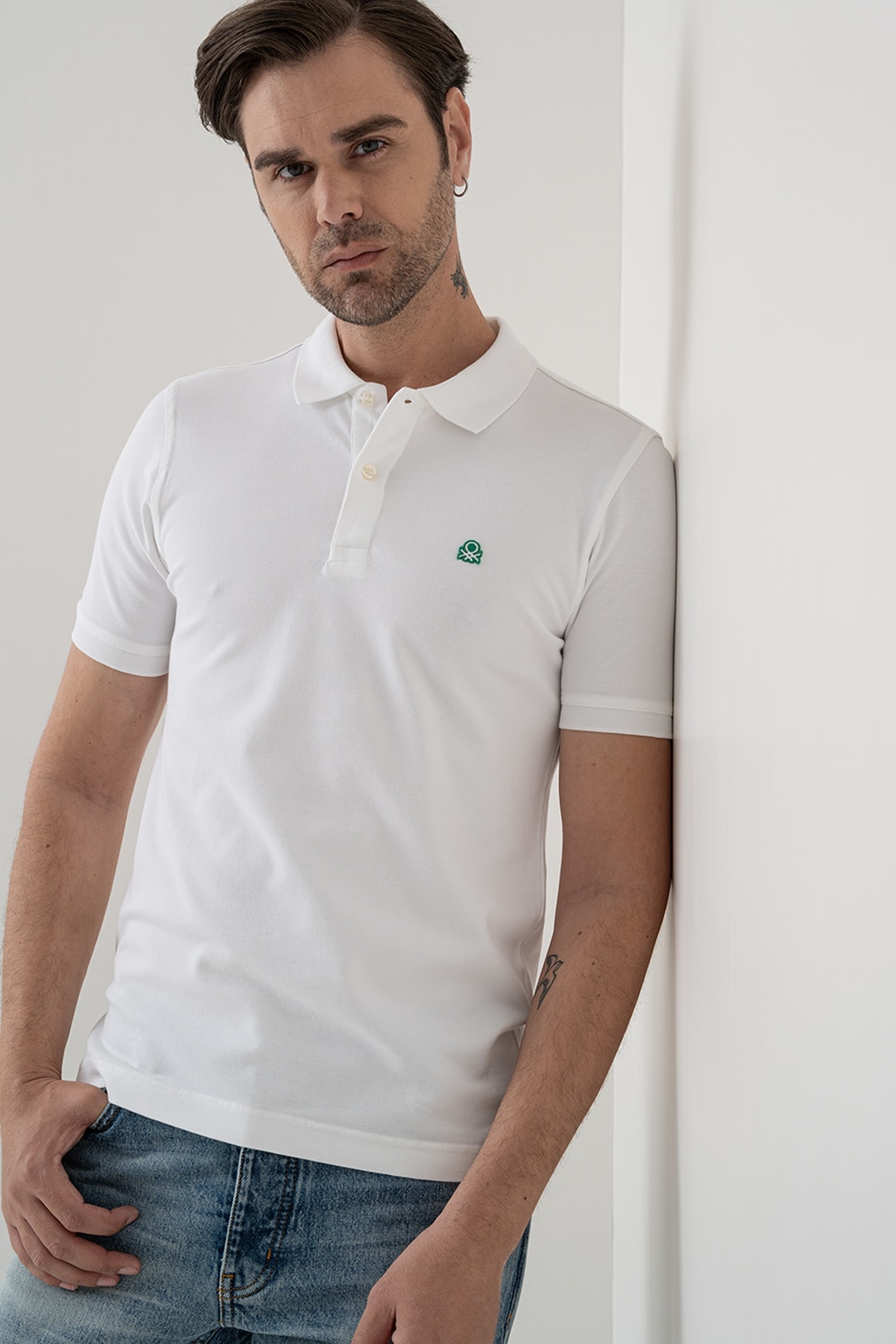 United Colors of Benetton, Tricou polo din amestec de bumbac, Alb, L