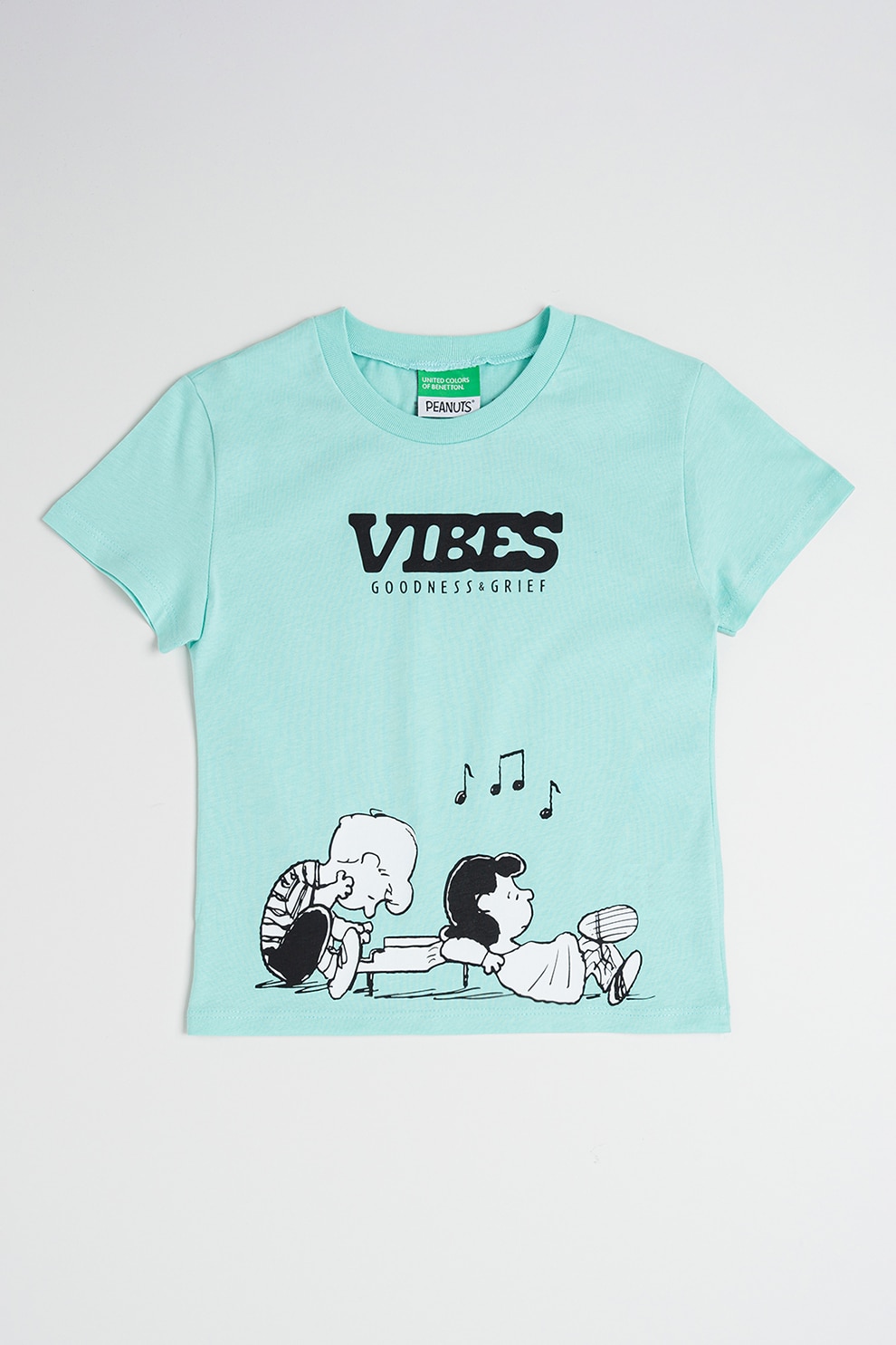 United Colors of Benetton, Tricou de bumbac cu impriemu Peanuts, Alb, Negru, Verde menta, 140 CM