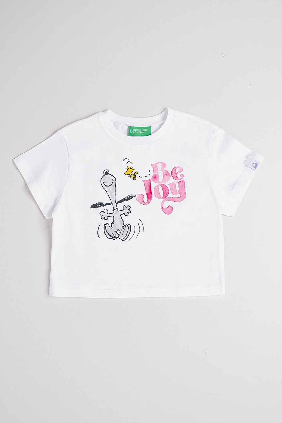 United Colors of Benetton, Tricou cu decolteu la baza gatului si Peanuts, Alb, Roz, Gri inchis, 116 CM