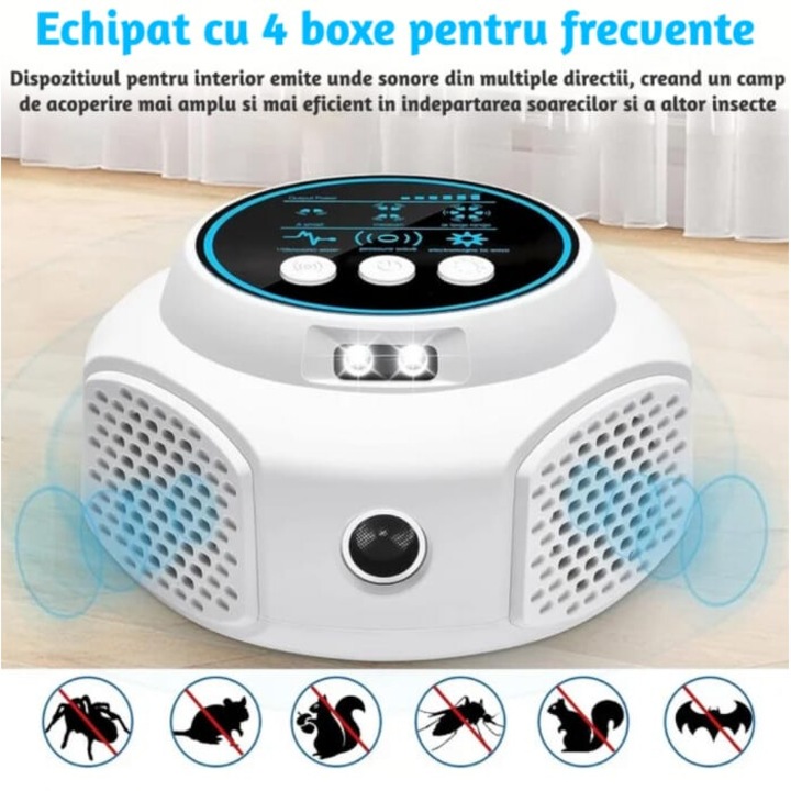 Aparat cu ultrasunete AVATTO, anti sobolani, soareci, rozatoare, insecte, gandaci de bucatarie, poate fi folosit atat in casa, cat si afara, la birou, restaurant, afisaj digital, cu 4 difuzoare si lumini intermitente, acoperire pana la 320 MP, alb