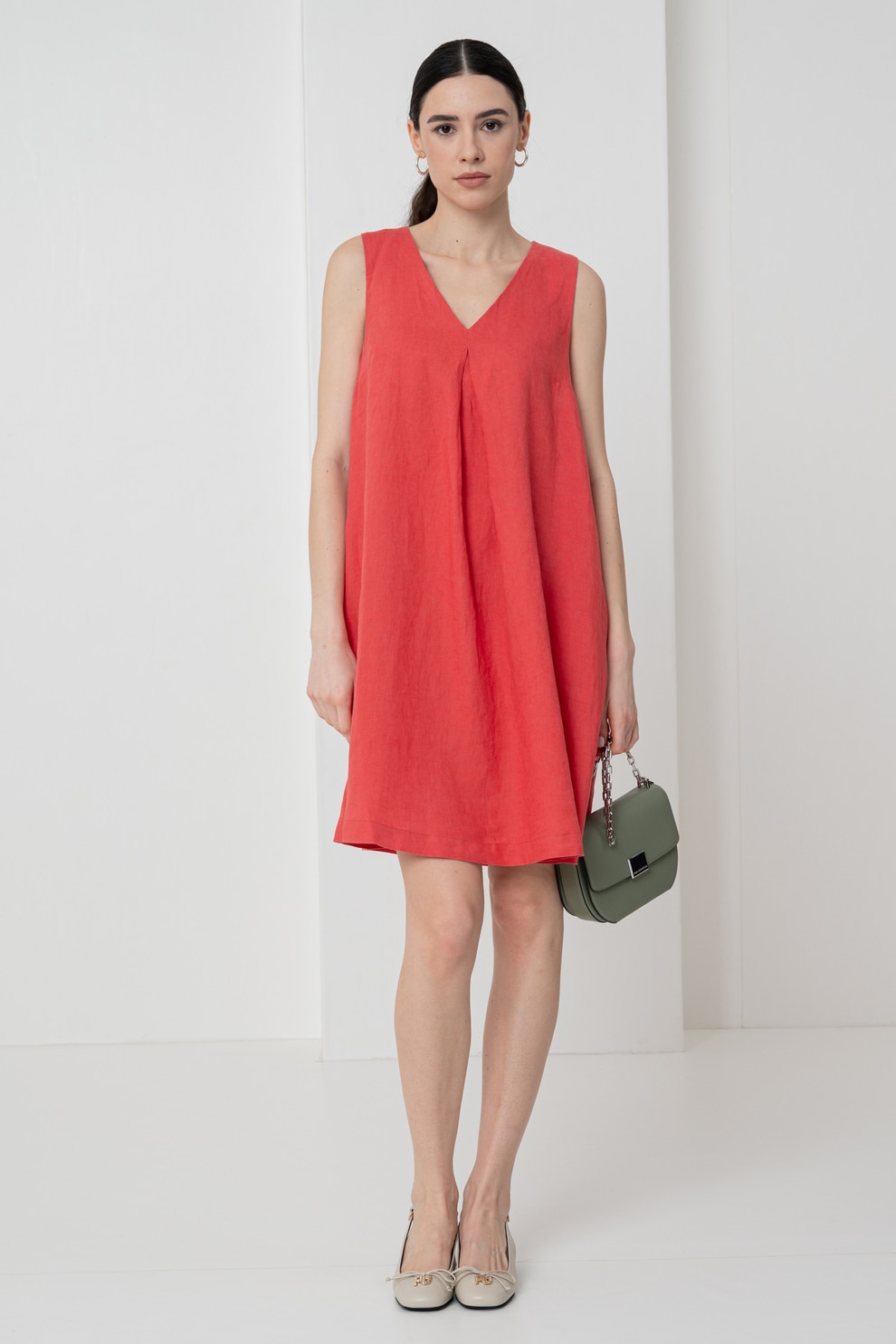United Colors of Benetton, Rochie din in cu buzunare laterale, Portocaliu mandarina, M
