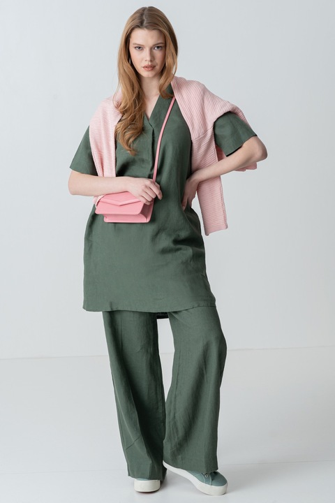 United Colors of Benetton, Rochie din in cu decolteu in V, Kaki pal, S