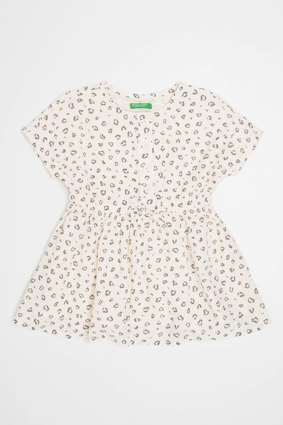 United Colors of Benetton, Rochie cu maneci scurte si imprimeu, Alb murdar, Gri inchis, 98 CM
