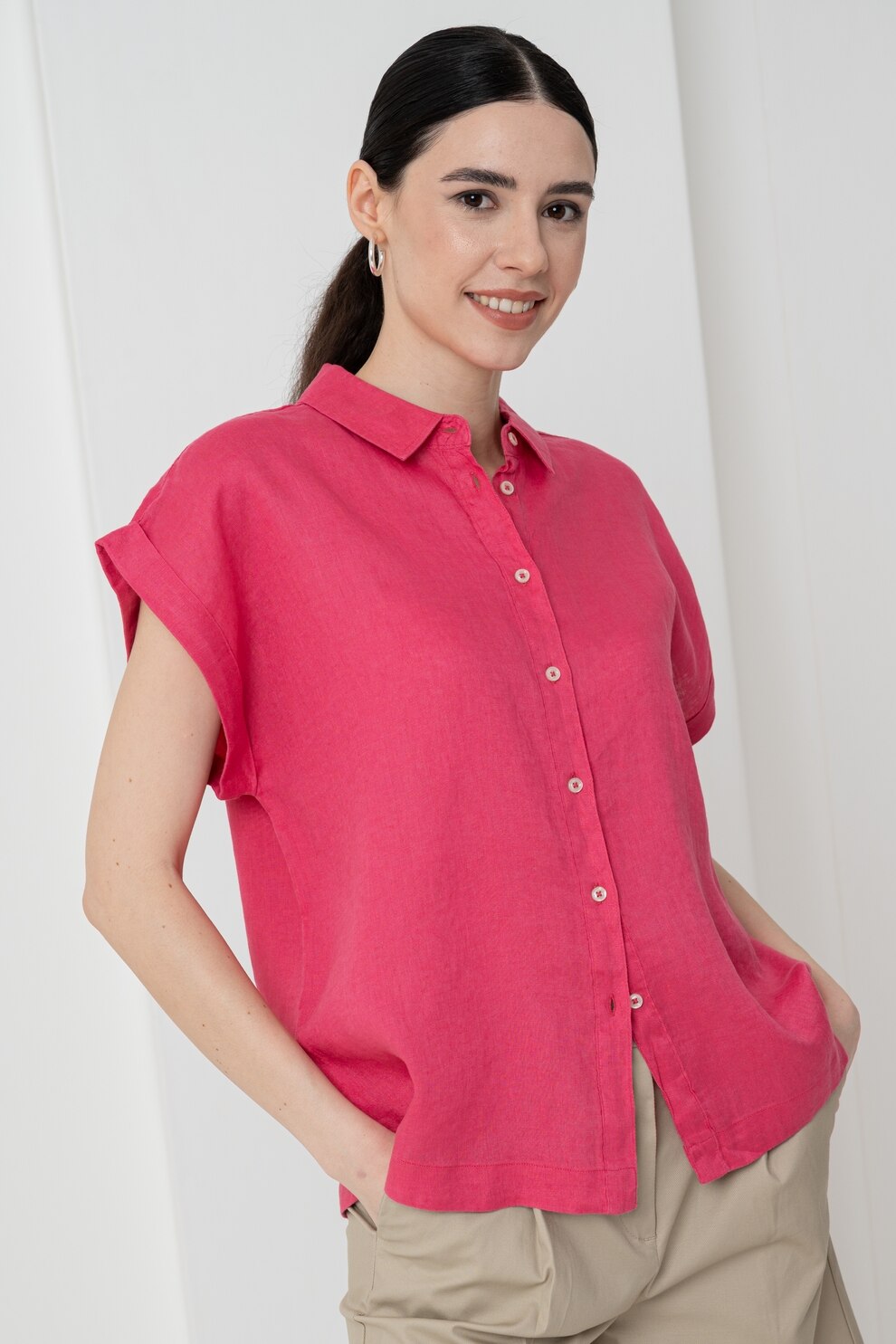 United Colors of Benetton, Camasa de in cu maneci scurte, Fucsia, S