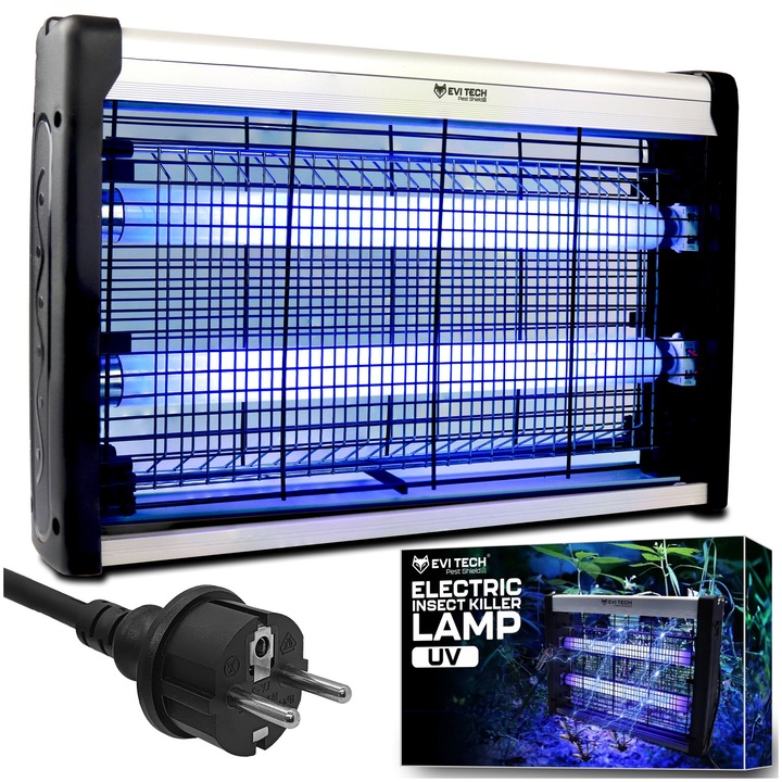 EVI TECH Pest Shield XL инсектицидна лампа, UV 1800V, за комари, мухи и молци, обхват до 300 m², 2x10W, екологична, с подвижна табла, безшумна, черна