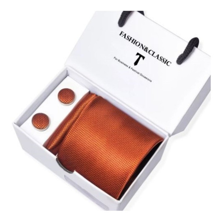 Set cutie cadou cu cravata, batista si 2 butoni CLASStitude, pentru ocazii speciale, de purtat de mire, nas, socru mic sau mare, invitati nunta, poliester cu aspect matase, cadou ideal barbati, Portocaliu