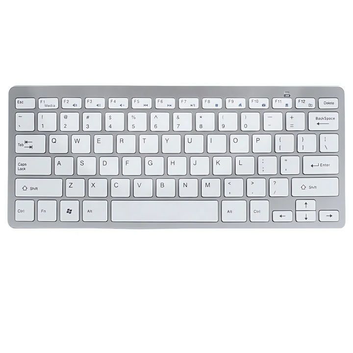 Клавиатура Bervolo Slim Keyboard, безжична, 2,4 GHz, 78 клавиша, ултра компактна, безшумна, 16 месеца живот на батерията, USB ключ, AAA батерии, сребриста
