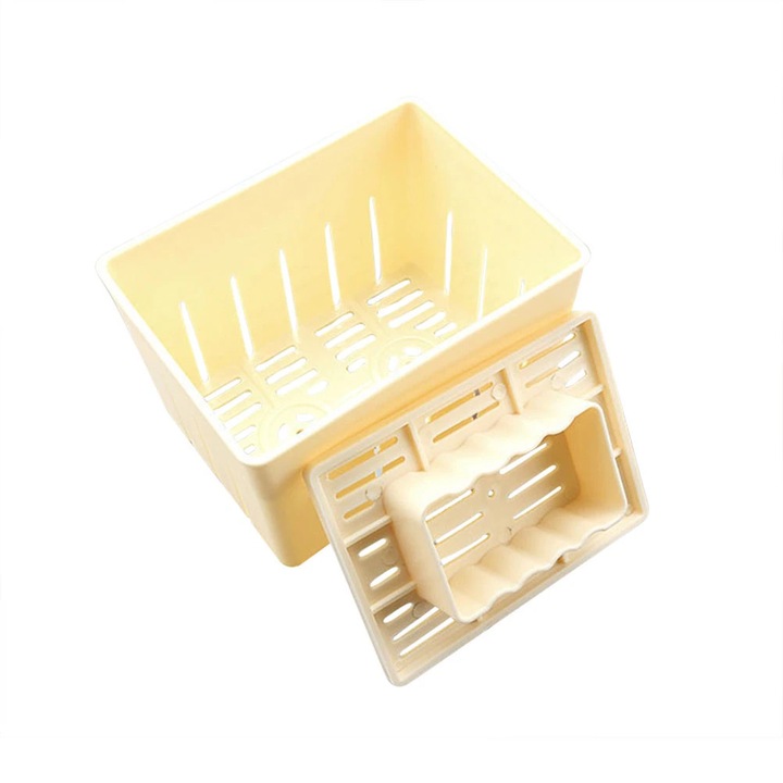 Presa pentru tofu emag-CWS-26082647, din plastic alimentar PP fara BPA cu sac de filtru din bumbac organic inclus, capacitate ~500 g, alb, 14×11×9.5 cm