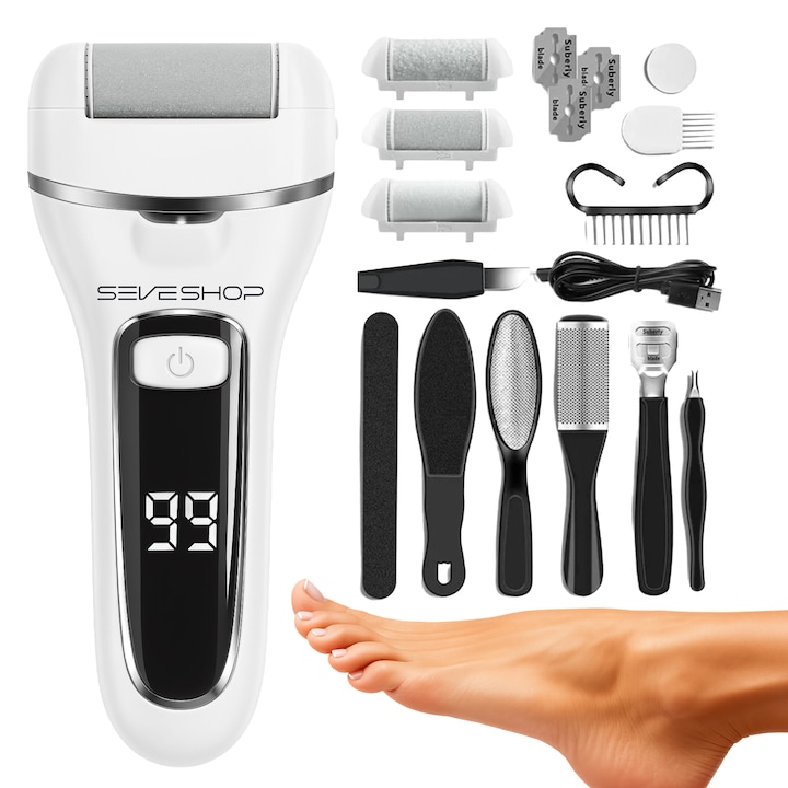 Електрическа Пила За Стъпала И Пети SeveShop®, Дигитален LED Дисплей, 1200 mAh Батерия, USB Зареждане, IPX7 Водоустойчивост, 3 Ролки, 2000 Об./Мин., Включени Аксесоари, Отстраняване На Мъртва Кожа И Мазоли, Бял Цвят