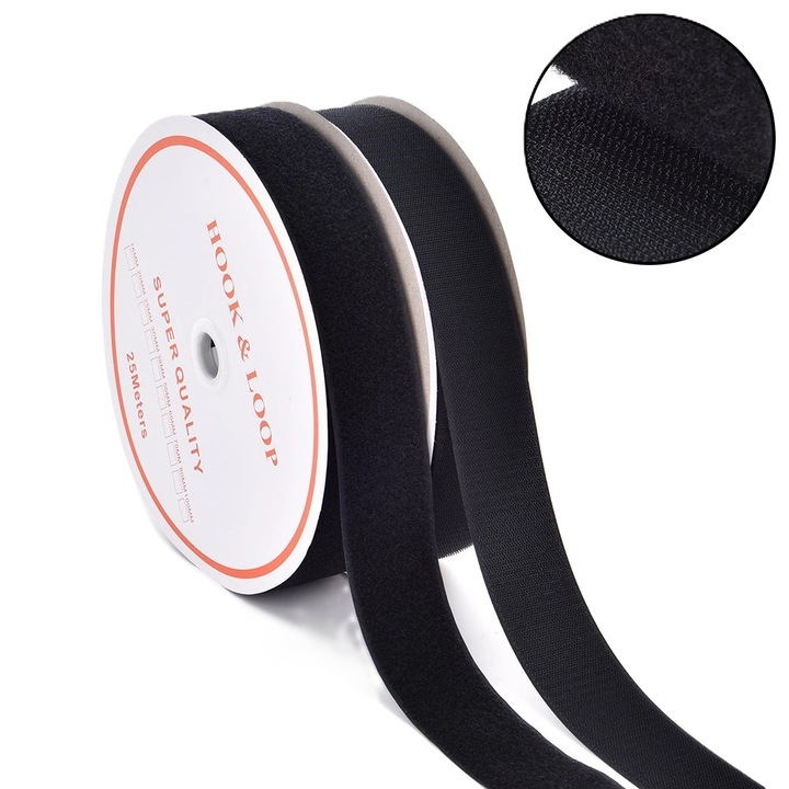 Banda arici velcro neagra 50mm – 25m/rola, puf + scai, 100% nylon, fixare rezistenta