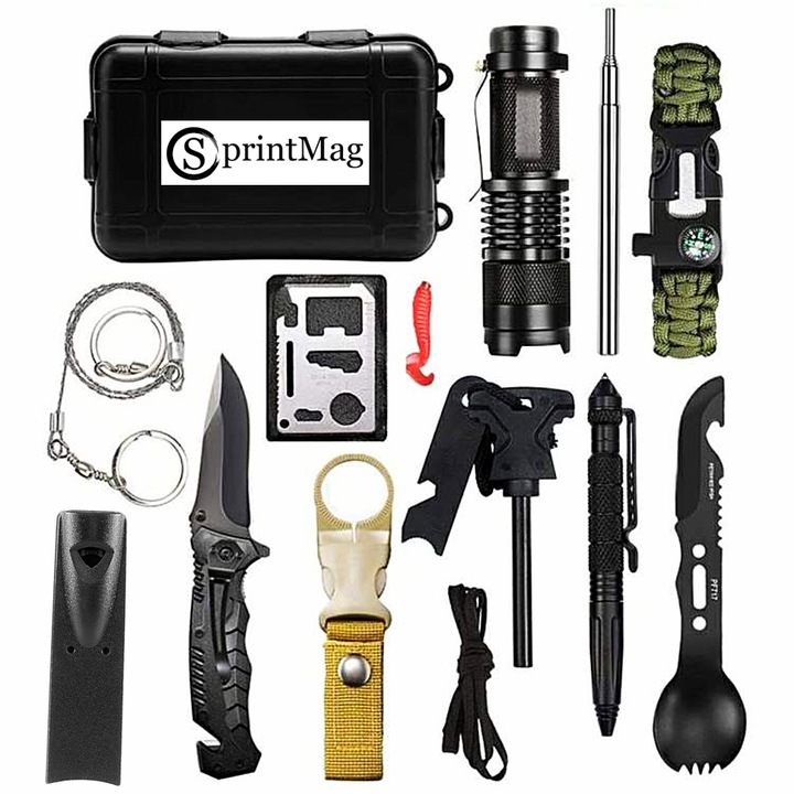 Kit Supravietuire Turistic Multifunctional 14in1 Camping Drumetii Hiking Bratara Paracord, Busola, Amanar, Fluier, Fierastrau, Lanterna Tactica, Card, Cutit Militar, Lingura Furculita Momeala de Pescuit SprintMag®