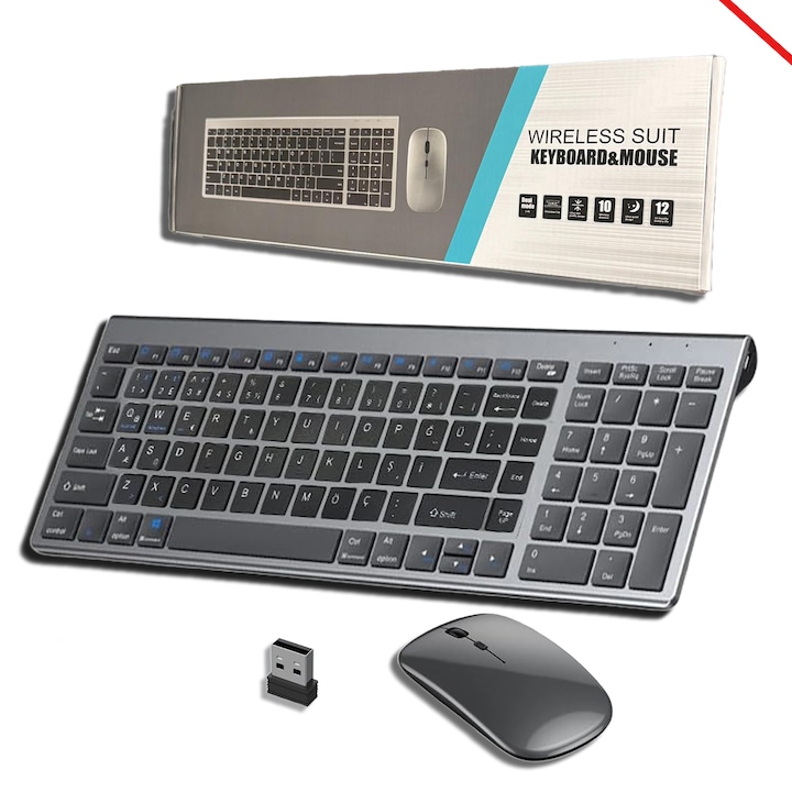 Kit Tastatura si Mouse Wireless 2.4G, Silentios, Ultra Slim, Ergonomic, Reincarcabil, Full Size, Layout QWERTY UK, 12 Taste Multimedia – Compatibil PC, Laptop, Mac, Windows/macOS, Gri Titan