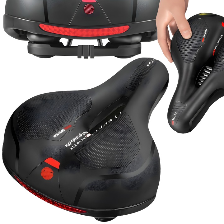 Седло за велосипед Autocise RETOO ActiveFit, ергономично и широко, 5 см мемори пяна, централна вентилация, двойно омекотяване, опора за LED светлина, бързо сглобяване, водоустойчиво, универсално, ултракомфортно за MTB, трекинг и градски велосипед, черно