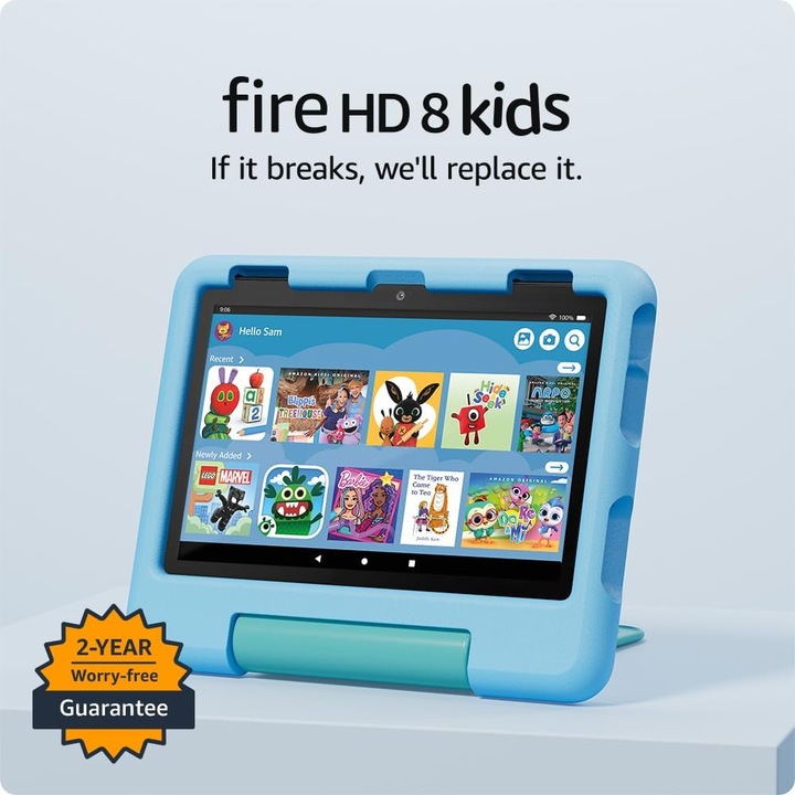 Tableta Amazon Fire HD 8 Kids 2024 - FARA ABONAMENT AMAZON KIDS, 3 GB RAM, 32 GB memorie, ideala pentru varste cuprinse intre 3 si 7 ani, ecran HD de 8 inchi, control parental, baterie de 13 ore, cu husa albastra