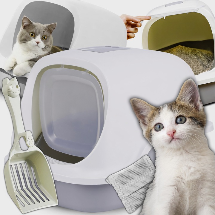 RETOO PetCare XL alomdoboz fedővel, légszűrővel, kanállal, könnyen tisztítható, tágas és ergonómikus, tartós, szagtalanító, vécé füllel, beltérre, szürke-fehér, 51x36x37 cm