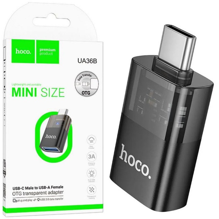 Адаптер Hoco UA36B, USB женски към Type-C мъжки, 3A, OTG трансфер на данни 480Mbps, Черен