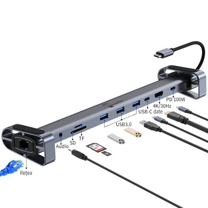 HUB USB-C 10-in-1, PRESTIGE CHARGE®, Intrare Type-C 100W, Incarcare rapida, Transfer 5Gbps, 3xUSB 3.0, HDMI, RJ45, Audio, SD/TF, USB-C si PD Fast Charging, Docking Station, Ideal pentru Laptop, Tableta si Alte Dispozitive USB-C