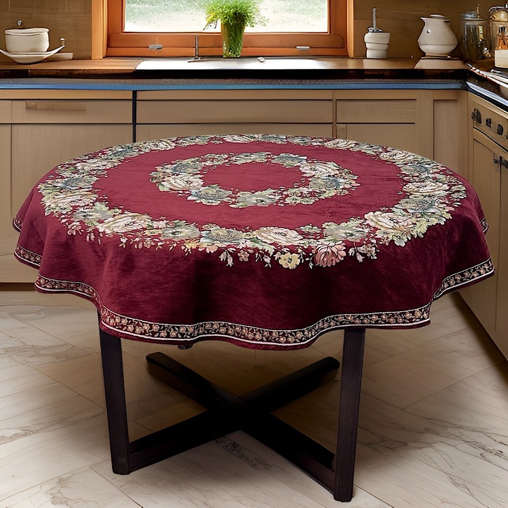 Fata de masa, denisa-do, goblen catifelat, bordo floral, 160 cm rotund