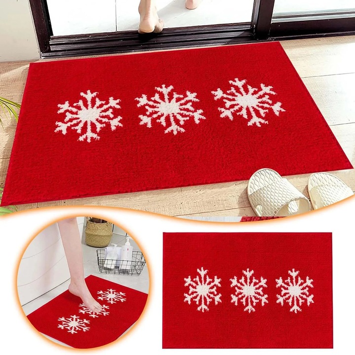 Covoras baie YANYXR 60x40cm antiderapant alb rosu fulg de nea