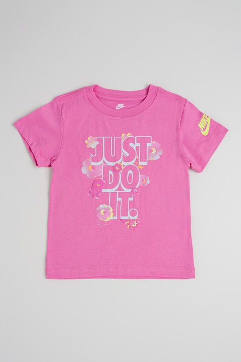 Nike, Флорална тениска с надпис, Бял/Жълт/Светлорозов