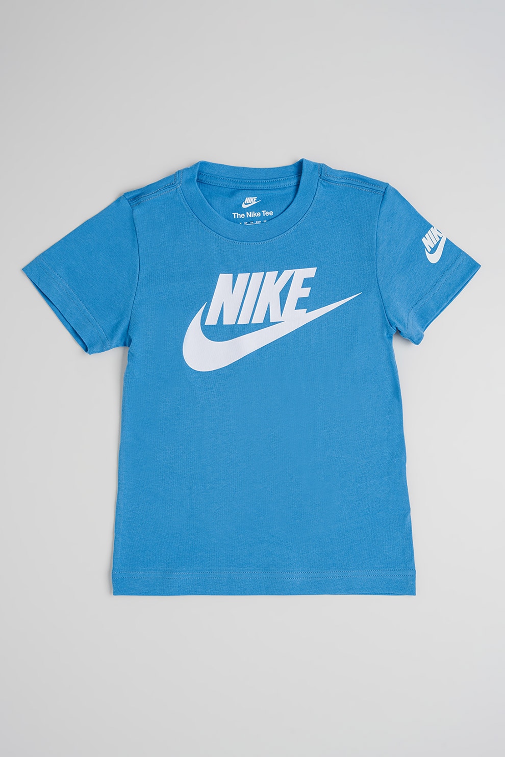 Nike, Tricou cu decolteu la baza gatului si logo, Alb optic, Albastru deschis, 104-110 CM