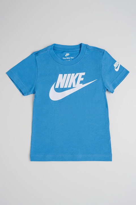 Nike, Тениска с овално деколте и лого, Бял/Светлосин