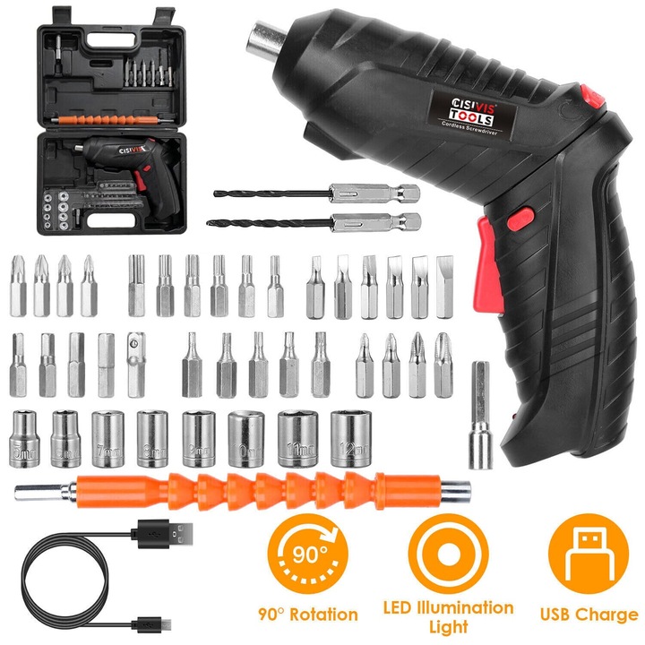 OEM Akkus elektromos csavarhúzó készlet, 47 darabos, 3,5 N/M 250RPM, 90°-os forgó fogantyú, LED, USB töltés, többszínű