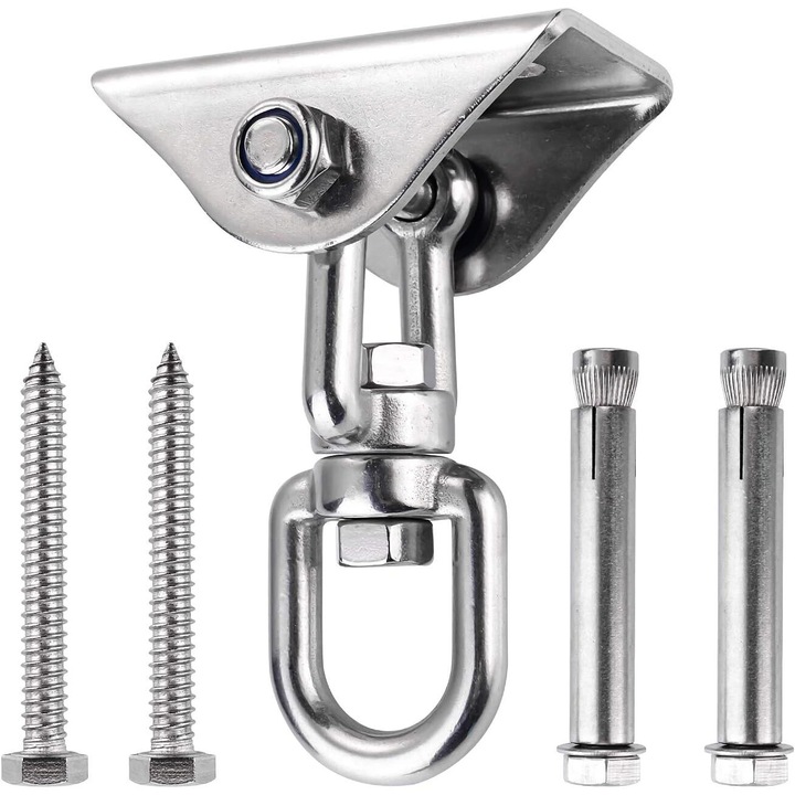 Carlig de tavan, rotire 360°, capacitate 500KG, inox, argintiu, pentru hamace si leagane