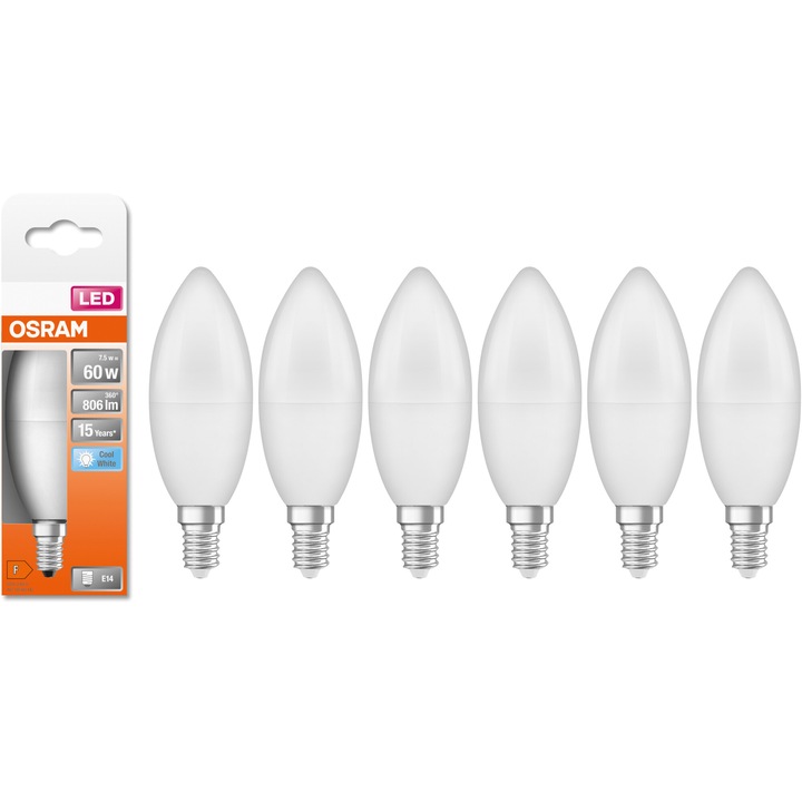 Pachet 6 becuri OSRAM LED Star B60, E14, 7.5W (60W), 806 lumeni, lumina neutra (4000K), clasa energetica F
