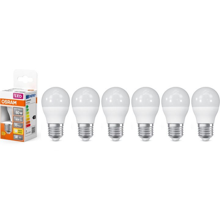 Pachet 6 becuri OSRAM LED Star P60, E27, 6.5W (60W), 806 lumeni, lumina calda (2700K), clasa energetica E