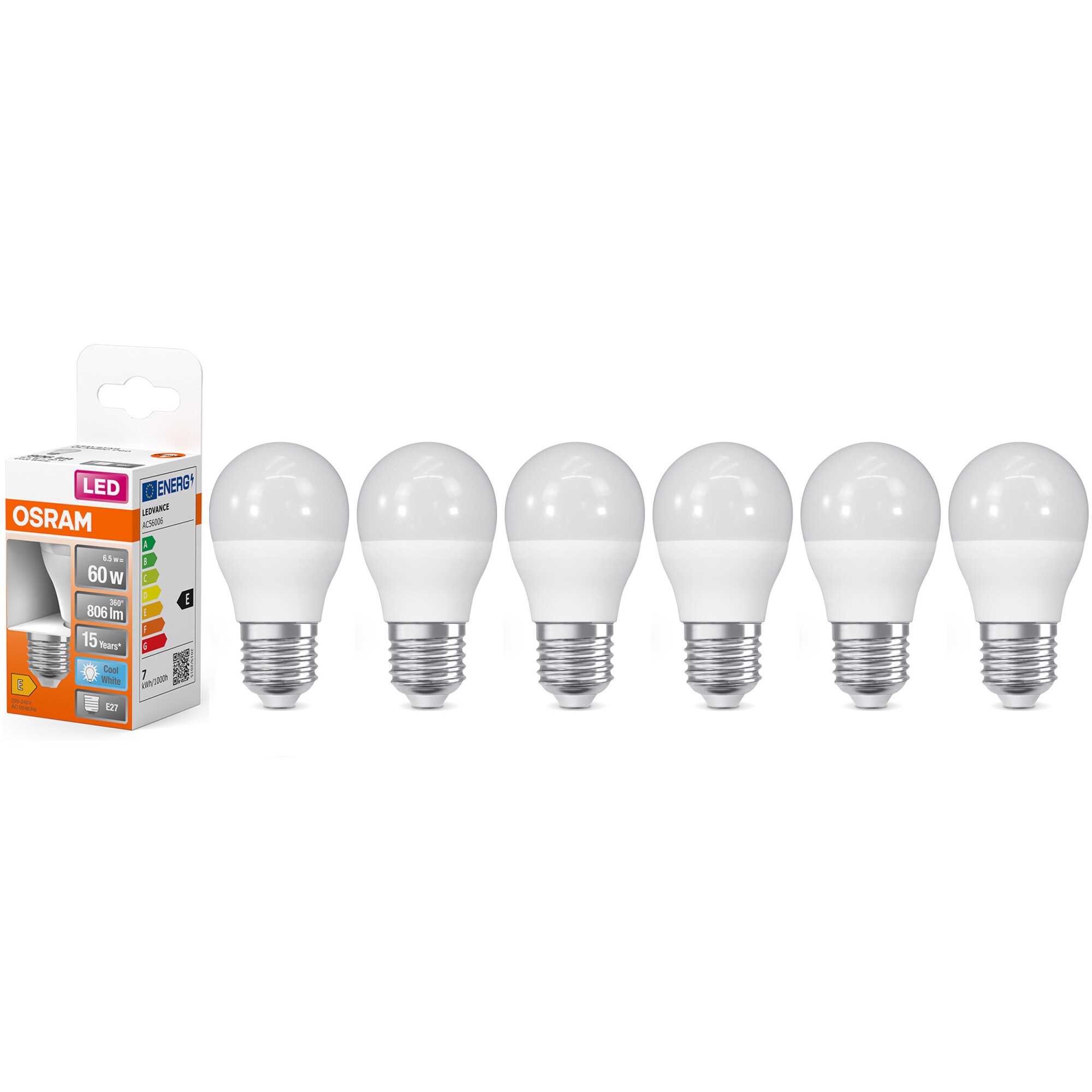Pachet 6 becuri OSRAM LED Star P60, E27, 6.5W (60W), 806 lumeni, lumina neutra (4000K), clasa energetica E