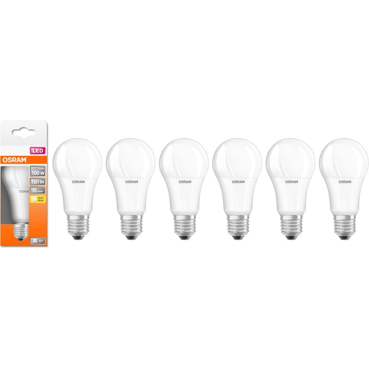 Pachet 6 becuri OSRAM LED Star A100, E27, 13W (100W), 1521 lumeni, lumina calda (2700K), clasa energetica F