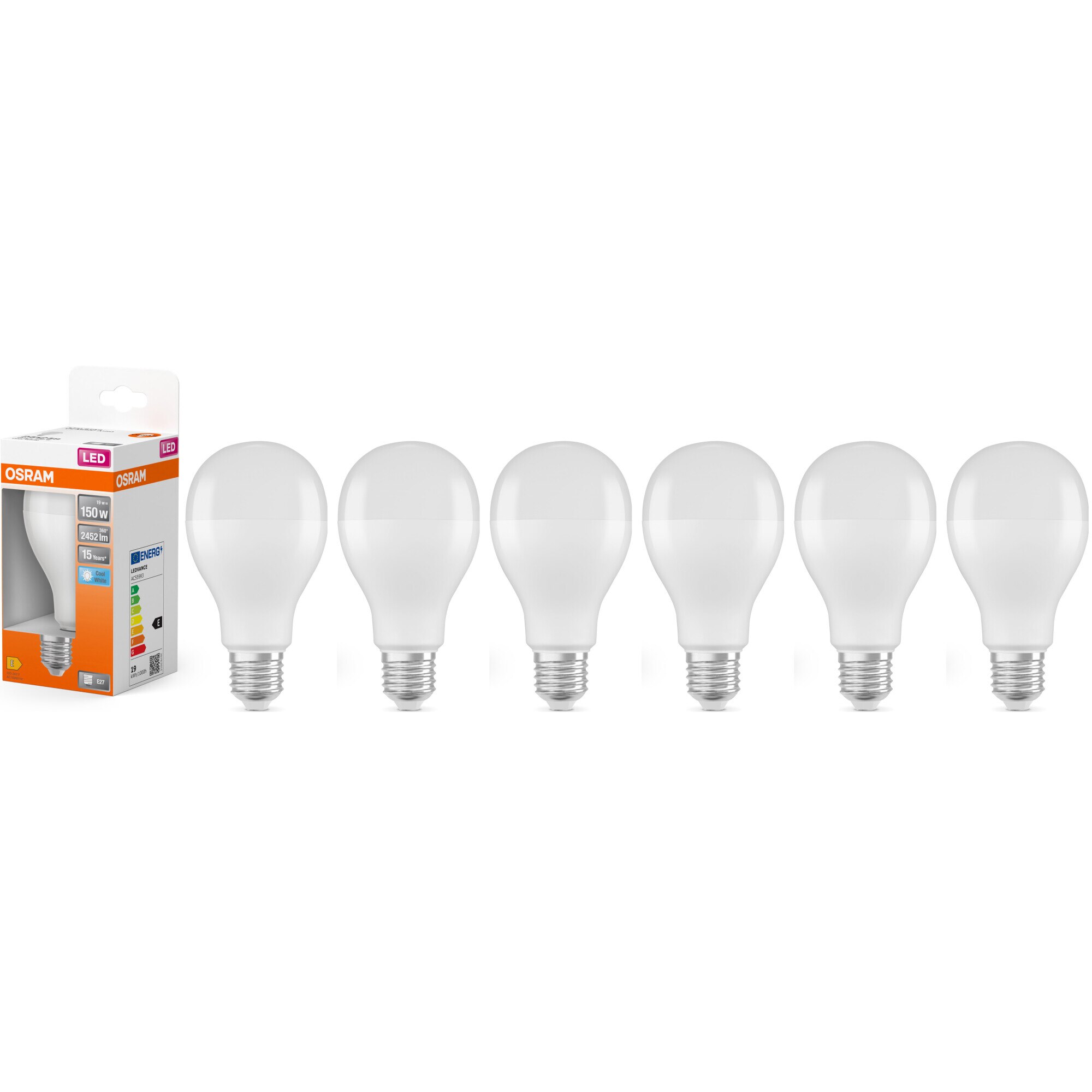 Pachet 6 becuri OSRAM LED Star A150, E27, 19W (150W), 2452 lumeni, lumina neutra (4000K), clasa energetica E
