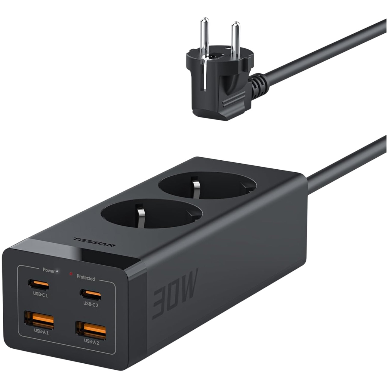 Prelungitor Tessan ‎TS-FS01DE, 2xUSB-C PD 30W, 2xUSB-A QC 3.0, 2 prize, 3600W, protectie la supratensiune, 2m, Negru