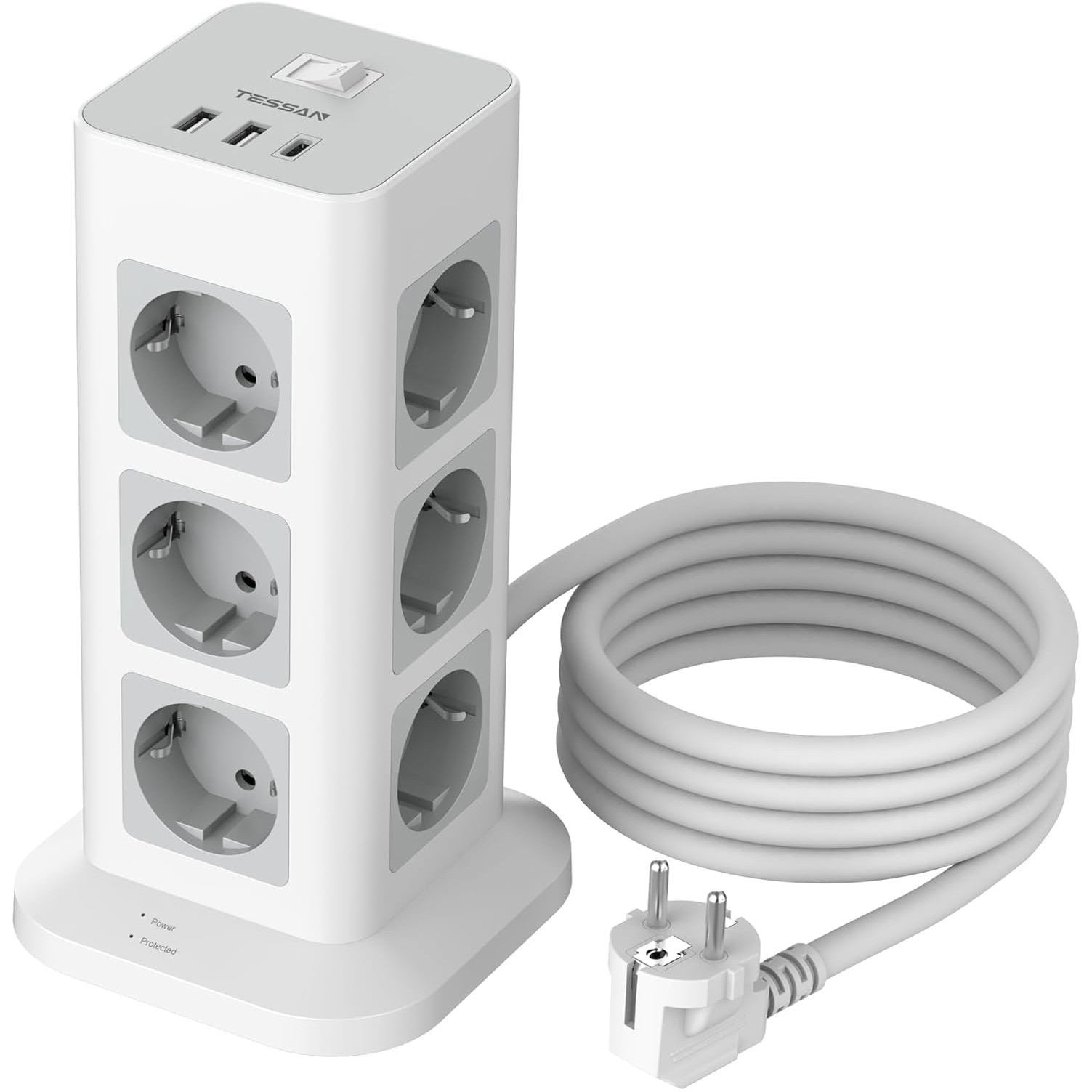 Prelungitor tip Turn Tessan TPS04-DE, cu intrerupator, 12 prize, 3xUSB-A, 1xUSB-C, 3A, protectie la supratensiune 1700J, 2500W, 10A, cablu 2m