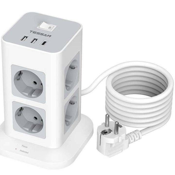 Prelungitor tip Turn Tessan TPS03-DE-C, cu intrerupator, 8 prize, 3xUSB-A, 1xUSB-C, 3A, protectie la supratensiune 1700J, 3600W, 16A, cablu 2m