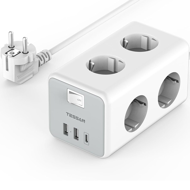 Prelungitor tip cub Tessan TS-306-C, cu intrerupator, 6 prize, 2xUSB-A, 1xUSB-C, 3A, 3600W, 16A, cablu 2m