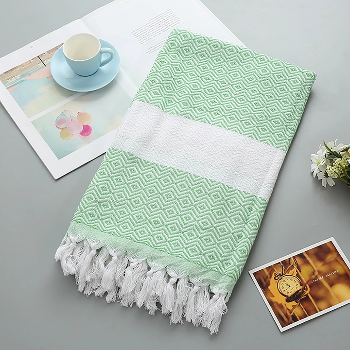 Prosop de plaja ZYBLSSBB LSM79-BCS0421551-1, bumbac absorbant cu model impletit si franjuri, verde/alb, 100 x 180 cm