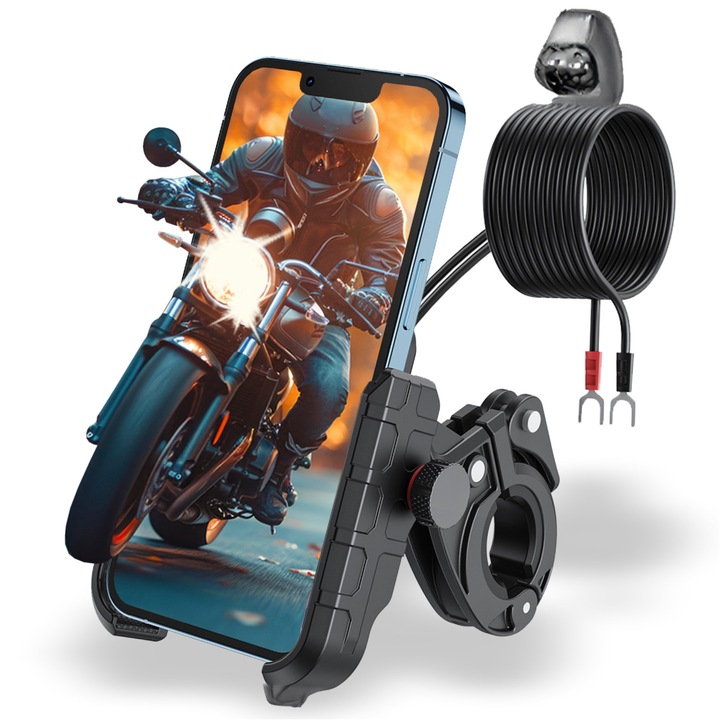 Държач за телефон за мотоциклет EVI SERIES BikeLock, USB QC3.0 бързо зареждане, сигурна фиксация, IP65 водоустойчив, монтаж на кормило/заключване, съвместим 60-85 mm, черен