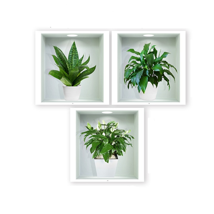 Sticker Decorativ Feicaeesa, 3D cu plante, Verde, Autoadezive, Perete, 30x30cm
